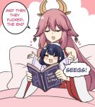  2girls :d blanket blush_stickers book character_request closed_eyes english_commentary genshin_impact happy highres hinghoi holding holding_book japanese_clothes kimono meme multiple_girls on_bed pillow raiden_shogun smile speech_bubble they_had_lots_of_sex_afterwards_(meme) 