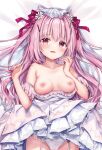  1girl :d bangs bare_shoulders bed_sheet blush breasts breasts_outside bridal_veil clothes_lift clothes_pull collarbone dakimakura_(medium) dress dress_lift dress_pull eyebrows_visible_through_hair flower frilled_dress frills garter_straps groin hair_between_eyes hair_flower hair_ornament hair_ribbon hairclip highres hisama_kumako jewelry lace-trimmed_veil lace_trim long_hair looking_at_viewer lying nail_polish nipples on_back on_bed open_mouth original panties pink_hair pink_nails pleated_dress red_eyes red_ribbon ribbon ring ringlets small_breasts smile solo underwear veil very_long_hair wedding_dress white_dress white_panties 