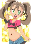  1girl breasts brown_hair dark-skinned_female dark_skin green_eyes hainchu highres long_hair looking_at_viewer navel open_mouth pokemon pokemon_(game) pokemon_xy quad_tails shauna_(pokemon) shorts small_breasts smile solo 