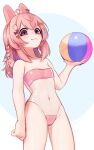  1girl :3 ahoge animal_ears ball bangs bare_arms bare_shoulders beachball braid brown_eyes commentary english_commentary hair_between_eyes hair_ornament hairclip highres long_hair looking_at_viewer meme_attire navel one-piece_swimsuit phase_connect pink_hair pipkin_pippa see-through_swimsuit smile solo swimsuit virtual_youtuber yoako 