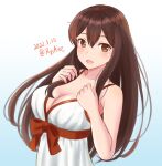  1girl akagi_(kancolle) alternate_color ame-san breasts brown_eyes brown_hair cleavage commentary_request dated dress highres kantai_collection large_breasts long_hair red_ribbon ribbon simple_background solo straight_hair sundress twitter_username upper_body white_background white_dress 