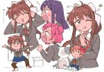  4girls :3 :p angry black_legwear blazer blue_skirt blush bow brown_hair chibi closed_eyes cow doki_doki_literature_club embarrassed green_eyes jacket long_hair monika_(doki_doki_literature_club) multiple_girls natsuki_(doki_doki_literature_club) pink_hair ponytail purple_hair red_bow ribbon sayori_(doki_doki_literature_club) school_uniform short_hair skirt smile socks stuffed_animal stuffed_toy thighhighs tongue tongue_out tsubobot twintails white_legwear white_ribbon yuri_(doki_doki_literature_club) 