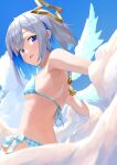  1girl amane_kanata angel_wings bangs bikini blue_bikini blue_eyes blue_hair blue_sky blue_wings blush breasts cloud colored_inner_hair commentary_request cowboy_shot day eyebrows_visible_through_hair eyes_visible_through_hair halo halterneck highres hololive looking_at_viewer looking_back makimaki_makky7 multicolored_hair open_mouth pink_hair plaid plaid_bikini side-tie_bikini silver_hair sky small_breasts smile solo star_halo streaked_hair swimsuit virtual_youtuber wings 
