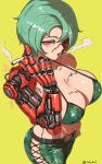  1girl absurdres breasts camouflage camouflage_pants cigarette cleavage cyberpunk cyborg green_hair hand_on_hip highres holding holding_cigarette large_breasts looking_at_viewer mechanical_arms navel open_mouth original pants prosthesis red_eyes short_hair simple_background single_mechanical_arm smoking solo stitches takefu_jiin yellow_background 
