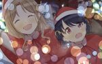  4girls animal_costume asakura_tooru black_hair blush brown_hair capelet christmas closed_eyes commentary_request dutch_angle fake_beard fake_facial_hair fangs fukumaru_koito hair_bun hair_ornament hair_ribbon hairclip hat highres higuchi_madoka ichikawa_hinana idolmaster idolmaster_shiny_colors long_hair mizutani_nao multiple_girls noctchill_(idolmaster) open_mouth purple_eyes reindeer_costume ribbon santa_costume santa_hat side_bun skin_fangs twintails v 