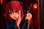  1girl :3 bamboo_broom blue_bow blush_stickers bow broom hair_bow hand_up highres kohaku_(tsukihime) long_hair looking_at_viewer pikaremon red_hair smile solo torch tsukihime upper_body wide_sleeves 