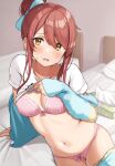 1girl absurdres bangs bed bed_sheet blush bow bow_panties bra breasts brown_hair cleavage clothes_lift clothes_pull collarbone commentary_request hair_between_eyes hair_bow hair_bun highres idolmaster idolmaster_shiny_colors lifted_by_self looking_at_viewer medium_breasts navel on_bed oosaki_tenka open_mouth panties pants pants_pull pillow pink_bra pink_panties shirt shirt_lift sidelocks sitting solo stomach tissue_box underwear wanimaru white_shirt yellow_eyes 