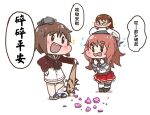  3girls baseball_bat blue_sailor_collar brown_eyes brown_hair brown_neckerchief chibi chibi_on_head chinese_text dress fairy_(kancolle) gloves grey_sailor_collar hat hi_ye kantai_collection long_hair multiple_girls nail nail_bat neckerchief on_head open_mouth person_on_head pleated_skirt puffy_short_sleeves puffy_sleeves red_shirt red_skirt round_teeth sailor_collar sailor_hat sailor_shirt sandals shirt short_hair short_sleeves skirt standing tan_yang_(kancolle) teeth thighhighs undershirt upper_teeth wavy_hair white_background white_dress white_gloves white_headwear white_legwear white_shirt yashiro_(kancolle) yukikaze_(kancolle) 