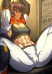  1girl abs arms_up brown_hair cameltoe closed_mouth cropped_jacket earrings grey_eyes jewelry mikoyan muscular muscular_female navel original pants short_hair sitting skin_tight solo sports_bra sportswear spread_legs tomboy toned white_pants 