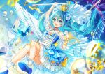  1girl :d absurdres arm_up balloon bangs bare_shoulders beamed_eighth_notes blue_dress blue_eyes blue_footwear blue_hair commentary_request crown day dress eighth_note eyebrows_visible_through_hair floating_hair frilled_legwear goroo_(eneosu) hair_between_eyes hatsune_miku high_heels highres holding holding_wand long_hair mini_crown musical_note outdoors quarter_note ribbon-trimmed_legwear ribbon_trim shoe_soles shoes smile solo twintails very_long_hair vocaloid wand white_legwear 