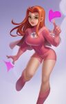  1girl absurdres atom_eve bodysuit boots breasts covered_navel english_commentary gloves green_eyes hair_behind_ear heart highres invincible_(series) leaning_forward medium_breasts open_hand orange_hair parted_hair pink_bodysuit pink_eyes pink_footwear pink_gloves pointing rumbee solo superhero thick_lips 