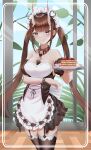  1girl absurdres azur_lane bangs barefoot between_breasts black_skirt blunt_bangs breasts brown_hair closed_mouth commentary_request cowboy_shot cross-laced_clothes detached_collar detached_sleeves eyebrows_visible_through_hair food framed frilled_skirt frills garter_straps heart highres holding holding_plate horns konparu_uran leaf long_sleeves looking_back maid maid_headdress medium_breasts noshiro_(azur_lane) noshiro_(hold_the_ice)_(azur_lane) official_alternate_costume oni_horns pancake petite plate purple_eyes sidelocks skirt smile solo standing thighhighs twintails 