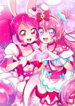  2girls absurdres animal_ears bare_shoulders bow cake_hair_ornament choker collarbone cure_precious cure_whip delicious_party_precure dress earrings extra_ears eyebrows_visible_through_hair food food-themed_hair_ornament gloves hair_between_eyes hair_ornament heart heart_hands highres jewelry kirakira_precure_a_la_mode long_hair magical_girl mitsuki_tayura multiple_girls nagomi_yui open_mouth pink_bow pink_choker pink_dress pink_eyes pom_pom_(clothes) pom_pom_earrings precure puffy_sleeves purple_background purple_eyes rabbit_ears smile sparkle_background strawberry_shortcake usami_ichika very_long_hair white_gloves 