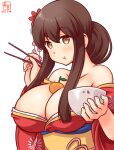  1girl akagi_(kancolle) alternate_costume alternate_hairstyle artist_logo between_breasts bowl breasts brown_eyes brown_hair chopsticks cleavage collarbone dated eating eyebrows_visible_through_hair food fruit hair_between_eyes hair_ornament japanese_clothes kanon_(kurogane_knights) kantai_collection kimono large_breasts long_hair long_sleeves mandarin_orange obi one-hour_drawing_challenge oppai_mochi red_kimono sash simple_background solo upper_body white_background wide_sleeves 