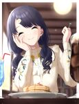  1girl absurdres black_hair blurry blurry_background closed_eyes commentary_request facing_viewer food fork fukumaru_koito hair_ornament hairclip highres holding holding_fork ice_cream ice_cream_float idolmaster idolmaster_shiny_colors long_hair long_sleeves low_twintails oka_yuto pancake restaurant solo twintails 