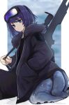  1girl absurdres andreana_(arknights) arknights bangs black_jacket blue_eyes closed_mouth eyebrows_visible_through_hair from_behind goggles goggles_on_head gun highres jacket long_sleeves looking_at_viewer looking_back open_clothes open_jacket purple_hair rifle sasahara_(shou_goi) short_hair sitting sniper_rifle solo tail tentacles weapon 
