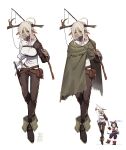  2girls absurdres amputee animal_ears belt belt_pouch boots broken_antler character_sheet cloak cross-laced_clothes dark-skinned_female dark_skin deer_antlers deer_ears english_commentary fantasy fishing_rod full_body green_eyes height_difference highres hook hunched_over multiple_girls original parted_lips platinum_blonde_hair pouch scar shirt signature sword tall_female tostantan weapon white_background white_shirt 