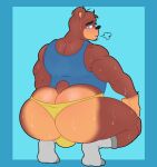  2022 anthro banjo-kazooie banjo_(banjo-kazooie) big_butt big_muscles blue_background blue_border bodily_fluids border breath bubble_butt butt butt_focus clothed clothing crouching eyebrows facial_hair footwear fur huge_butt local_candybot looking_back male mammal muscular muscular_anthro muscular_male narrowed_eyes rareware shirt simple_background socks solo stubble sweat sweaty_butt tank_top thick_thighs thong topwear tuft underwear ursid video_games wet wet_body wet_fur 