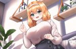  1girl bangs blonde_hair blush cailleach_bheur_(last_origin) from_above green_eyes hair_between_eyes hairband indoors ine_(ineinnen) lap_pov last_origin looking_at_viewer mimikaki smile solo sweater turtleneck turtleneck_sweater 