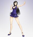  1girl bare_legs black_hair breasts cleavage covered_abs covered_navel crescent crescent_earrings dress earrings fighting_stance final_fantasy final_fantasy_vii final_fantasy_vii_remake full_body high_heels jewelry long_hair neck_ribbon official_alternate_costume ozkh purple_dress purple_footwear purple_ribbon ribbon serious short_dress solo standing tifa_lockhart tifa_lockhart&#039;s_refined_dress toned 