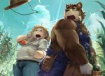  2boys animal_ears bandaid bara bare_shoulders bear_boy bear_ears belly blonde_hair blue_overalls brown_eyes brown_fur chest_hair choji_(housamo) cloud cloudy_sky corn_cob fat food from_below fruit furry furry_male glasses gloves hat highres jewelry leaf male_focus multiple_boys muscular muscular_male nion_(n_ionion) overalls pen shirt short_hair sky straw_hat tattoo thick_eyebrows tokyo_afterschool_summoners tomato_plant towel volos_(housamo) watermelon white_shirt wind 