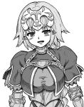  1girl armor armored_dress bangs blush braid breasts bridal_gauntlets capelet chain commentary_request eyebrows_visible_through_hair fate/apocrypha fate/grand_order fate_(series) greyscale headpiece highres jeanne_d&#039;arc_(fate) jeanne_d&#039;arc_(fate/apocrypha) kusama_takato large_breasts looking_at_viewer monochrome open_mouth solo upper_body 