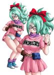  1girl 2girls android_21 bangs bare_legs belt black-framed_eyewear blue_eyes blush boots bow brown_belt brown_gloves bulma bulma_(cosplay) character_name closed_eyes closed_mouth clothes_lift clothes_writing cosplay dragon_ball dragon_ball_fighterz dragon_radar dress dress_lift earrings eyelashes fanny_pack full_body glasses gloves green_hair hair_between_eyes hair_ornament hair_tie hand_on_hip highres holding hoop_earrings jewelry long_hair looking_at_viewer looking_down loose_socks multiple_girls multiple_views neck_warmer one_eye_closed panties pink_dress ponytail pouch purple_scarf radar red_ribbon ribbon scarf short_sleeves simple_background single_glove smile socks spiked_hair teeth toriyama_akira_(style) underwear upper_body v-shaped_eyebrows watch white_background white_panties wristwatch youngjijii 