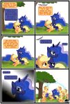  absurd_res applejack_(mlp) blonde_hair blue_body clothing comic cowboy_hat dialogue equid equine female freckles friendship_is_magic gutovi-kun hair hat headgear headwear hi_res horn horse mammal my_little_pony orange_body plant pony princess_luna_(mlp) tree unicorn 