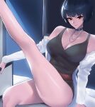  1girl black_hair black_swimsuit breasts choker coat jewelry labcoat large_breasts leg_up necklace open_clothes open_coat persona persona_5 red_eyes red_nails spiked_choker spikes studded_choker swimsuit takemi_tae tommy_(kingdukeee) 