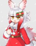  1girl :o aticotta blush christmas dress hair_ornament head_wings highres japanese_crested_ibis_(kemono_friends) kemono_friends kemono_friends_3 long_sleeves multicolored_hair open_mouth red_dress ribbon santa_costume short_hair smile snow snowing solo white_hair yellow_eyes 