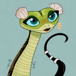  1:1 absurd_res back_markings blue_eyes blush dreamworks female feral flower_clips green_body hi_res invalid_tag kabuki-aku kung_fu_panda markings master_viper open_mouth reptile scalie simple_background smile snake solo tail_beads teal_eyes teal_sclera viper 