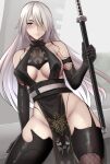  1girl alternate_costume android arm_support black_gloves black_legwear breasts covered_nipples elbow_gloves gloves hair_over_one_eye holding holding_sword holding_weapon joints lainart long_hair mole mole_under_mouth nier_(series) nier_automata pelvic_curtain robot_joints sideboob solo sword thighhighs weapon white_hair yorha_type_a_no._2 