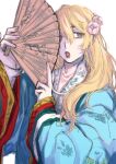  1girl alternate_costume bangs blonde_hair blue_kimono brumouss ears_visible_through_hair eyebrows eyebrows_visible_through_hair eyelashes fingernails floral_print flower folding_fan hair_flower hair_ornament hand_fan holding holding_fan japanese_clothes kimono long_hair long_sleeves looking_to_the_side medium_hair open_mouth pink_flower pink_lips pink_rose rose sano_emma shirt solo teeth tokyo_revengers traditional_clothes twitter_username upper_teeth white_background white_shirt yellow_eyes 