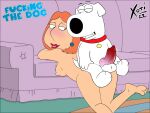  4:3 animal_genitalia animal_penis balls blush brian_griffin canid canine canine_penis duo erection family_guy female furniture genitals hi_res human kneeling knot larger_female lois_griffin male male/female mammal penis presenting sitting_on_another size_difference smaller_male sofa xoti_(artist) 