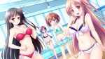  4girls :d adjusting_clothes adjusting_swimsuit bangs bikini bikini_skirt black_hair blue_skirt blush braid braided_ponytail breasts brown_hair cleavage closed_mouth cobblestone collarbone eyebrows_visible_through_hair flat_chest floating_hair game_cg hair_between_eyes halterneck highres himuro_mao indoors kagurazaka_mei ko~cha large_breasts layered_skirt light_brown_hair long_hair manazuru_kazuha miniskirt multiple_girls navel open_mouth ponytail pool purple_bikini purple_eyes purple_hair red_bikini red_eyes ribbon rindou_honoka shiny shiny_hair short_hair side-tie_bikini skirt smile standing strap_gap swimsuit twin_braids underboob very_long_hair white_bikini white_ribbon wizards_complex yellow_eyes 