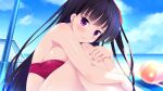  1girl ball bangs beach beachball bikini black_hair blue_sky blurry blurry_background blush breast_press breasts closed_mouth cloud day eyebrows_visible_through_hair game_cg hair_ribbon highres hugging_own_legs ko~cha large_breasts long_hair manazuru_kazuha ocean outdoors purple_eyes red_bikini red_ribbon ribbon shiny shiny_skin sitting sky smile solo strapless strapless_bikini summer swimsuit very_long_hair wizards_complex 