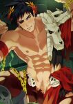  1boy abs animal_skull armband bara black_hair black_sclera blush brown_pants bulge chain chained chained_wrists colored_sclera erection erection_under_clothes green_eyes hades_(game) heterochromia laurel_crown looking_at_viewer male_focus male_pubic_hair min_(bellta) muscular muscular_male navel nipples pants pectorals pubic_hair red_eyes restrained short_hair skull solo torn_clothes torn_pants zagreus_(hades) 
