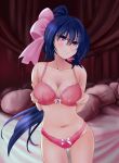  1girl audere bed bed_sheet blue_hair bow bow_bra bow_panties bra breasts cleavage closed_mouth hair_between_eyes hair_bow highres indoors large_breasts lingerie long_hair looking_at_viewer naughty_face navel noihara_himari omamori_himari panties pillow pink_bow pink_bra pink_eyes pink_panties ponytail seductive_smile self_fondle smile solo source_request standing underwear underwear_only very_long_hair 