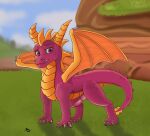  activision all_fours dragon feral flat_triangles genitals hi_res horn male penis purple_body purple_eyes purple_scales scales scalie solo spyro spyro_the_dragon video_games winged_dragon yellow_body yellow_scales 