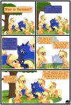  absurd_res applejack_(mlp) blonde_hair blue_body clothing comic cowboy_hat dialogue equid equine female freckles friendship_is_magic gutovi-kun hair hat headgear headwear hi_res horn horse mammal my_little_pony orange_body plant pony princess_luna_(mlp) tree unicorn 