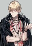  1boy blonde_hair bodypaint bracelet earrings fate/grand_order fate_(series) fur-trimmed_jacket fur_trim gilgamesh_(fate) jacket jewelry looking_at_viewer male_focus necklace open_clothes red_eyes sakura_hitsuji short_hair signature smile solo tattoo twitter_username 