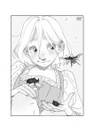  1girl :3 animal animal_on_finger animal_on_hand bangs beetle blush border bug carlotta_dicataldo closed_mouth collarbone ears eyebrows eyebrows_visible_through_hair facing_viewer greyscale hair_behind_ear hair_between_eyes halftone hand_on_own_knee hands_up highres insect_on_finger long_sleeves looking_to_the_side monochrome nose nostrils open_hand original outdoors puffy_long_sleeves puffy_sleeves rebis_(carlotta_dicataldo) rhinoceros_beetle rounded_corners signature smile solo thick_eyebrows upper_body white_border wind 