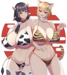  2021 2022 2girls animal_ear_fluff animal_ears animal_print bikini blonde_hair blue_eyes breasts brown_hair cleavage collar cow_ears cow_girl cow_horns cow_print cow_tail cowboy_shot fur_collar horns large_breasts multiple_girls navel open_mouth original purple_eyes red_collar side_ponytail smile swimsuit tail thighhighs tiger_girl tiger_print tiger_tail white_background yukage 