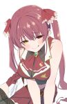  1girl :q anno_masato ascot bangs bare_shoulders breasts eyebrows_visible_through_hair hair_ribbon heterochromia highres hololive houshou_marine large_breasts looking_at_viewer red_ascot red_eyes red_hair red_ribbon red_skirt ribbon simple_background sitting skirt solo tongue tongue_out virtual_youtuber white_background yellow_eyes 