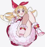  1girl aikatsu!_(series) bare_legs blonde_hair bow commentary_request dress eyebrows_visible_through_hair floating_hair from_below full_body hair_bow heart hoshimiya_ichigo long_hair looking_at_viewer open_mouth partial_commentary petticoat pink_dress pink_footwear pink_skirt puffy_short_sleeves puffy_sleeves red_bow red_eyes shoe_soles short_sleeves simple_background skirt smile solo upskirt white_background yamamura_saki 