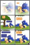  absurd_res applejack_(mlp) blonde_hair blue_body clothing comic cowboy_hat equid equine female feral freckles friendship_is_magic gutovi-kun hair hasbro hat headgear headwear hi_res horn horse letterbox mammal my_little_pony orange_body plant pony princess_luna_(mlp) tree winged_unicorn wings 