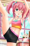  1girl absurdres alternative_girls aqua_eyes armpits bare_arms bare_legs black_shorts bra candy eyebrows_visible_through_hair flower food highres indoors looking_at_viewer mano_sakurako official_art one_eye_closed open_mouth pink_hair shorts solo sweat training training_bra twintails underwear white_flower window 