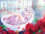  1girl :d absurdly_long_hair bathing bathtub blue_eyes completely_nude flower game_cg gradient_hair hair_censor hair_over_breasts hand_in_hair indoors long_hair looking_at_viewer multicolored_hair nude petals pink_hair purple_eyes quinella red_flower red_rose rose silver_hair smile solo sparkle sunlight sword_art_online sword_art_online:_alicization_rising_steel very_long_hair 