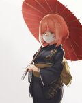  1girl bangs black_kimono green_eyes highres holding holding_umbrella honkai_(series) honkai_impact_3rd japanese_clothes kimono long_sleeves looking_at_viewer mask mouth_mask oil-paper_umbrella pink_hair pon-co2 short_hair simple_background solo timido_(honkai_impact) umbrella white_background 