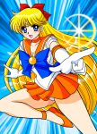  1girl :d aino_minako bangs bare_legs bishoujo_senshi_sailor_moon blonde_hair blue_eyes bow breasts cleavage collarbone commentary elbow_gloves eyelashes frilled_skirt frills gloves high_heels highleg highleg_leotard highres knee_up leotard long_hair looking_at_viewer magical_girl medium_breasts nagaigoz open_mouth orange_skirt outstretched_hand panties panty_pull parted_bangs sailor_senshi_uniform sailor_venus shiny shiny_hair short_sleeves skirt smile solo sparkle thighs tiara underwear white_gloves white_leotard 